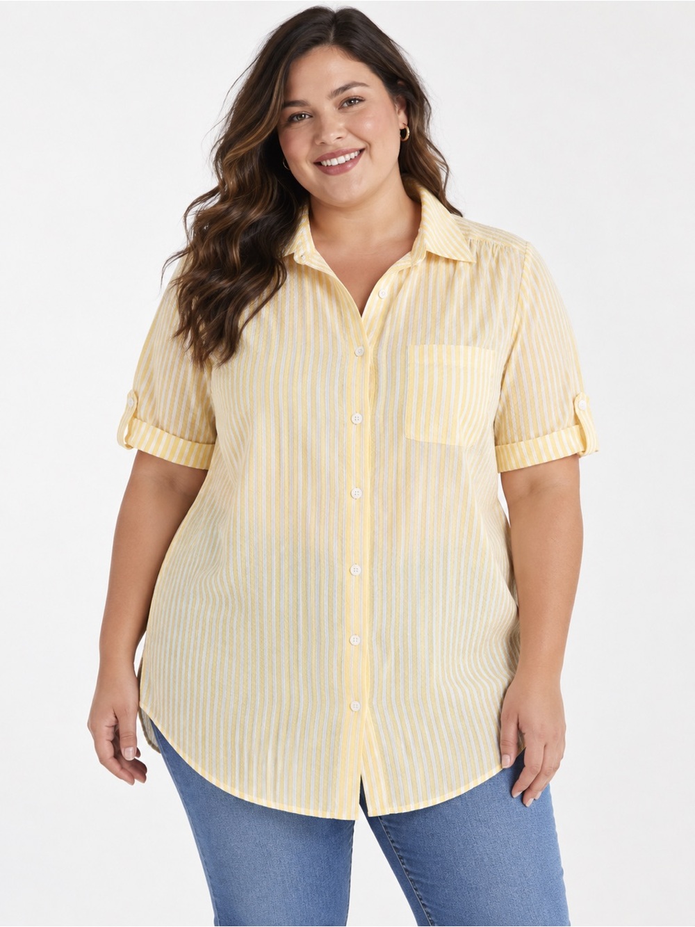 Woman Within Yellow White Striped Button Down Top Roll Tab Sleeve 1X 22/24 Petit